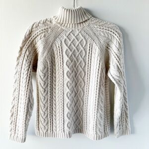 L.L. Bean Vintage Cable Knit Turtleneck Sweater Cream Small Chunky